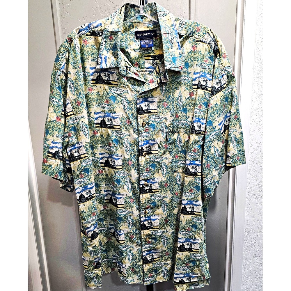 Vintage Sportif USA Mens XL Fishing Hawaiian Camp Shirt Fish Lighthouses RN40641